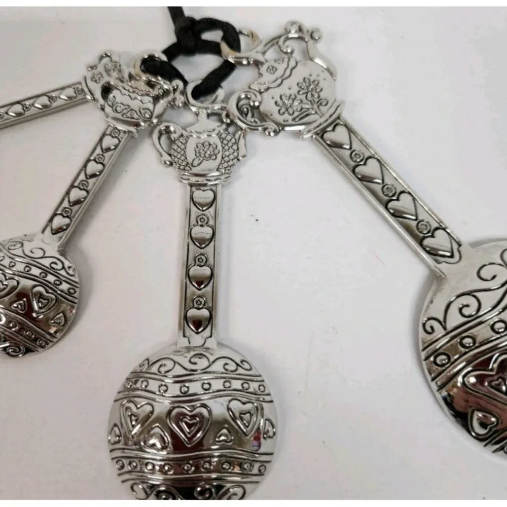 Teapot hearts silver tone Measuring Spoons set kitchen cooking baking cottage
